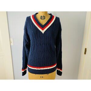 Vintage Islander Cotton Mens Cable Knit V-neck Sweater, M, Red White Blue Preppy